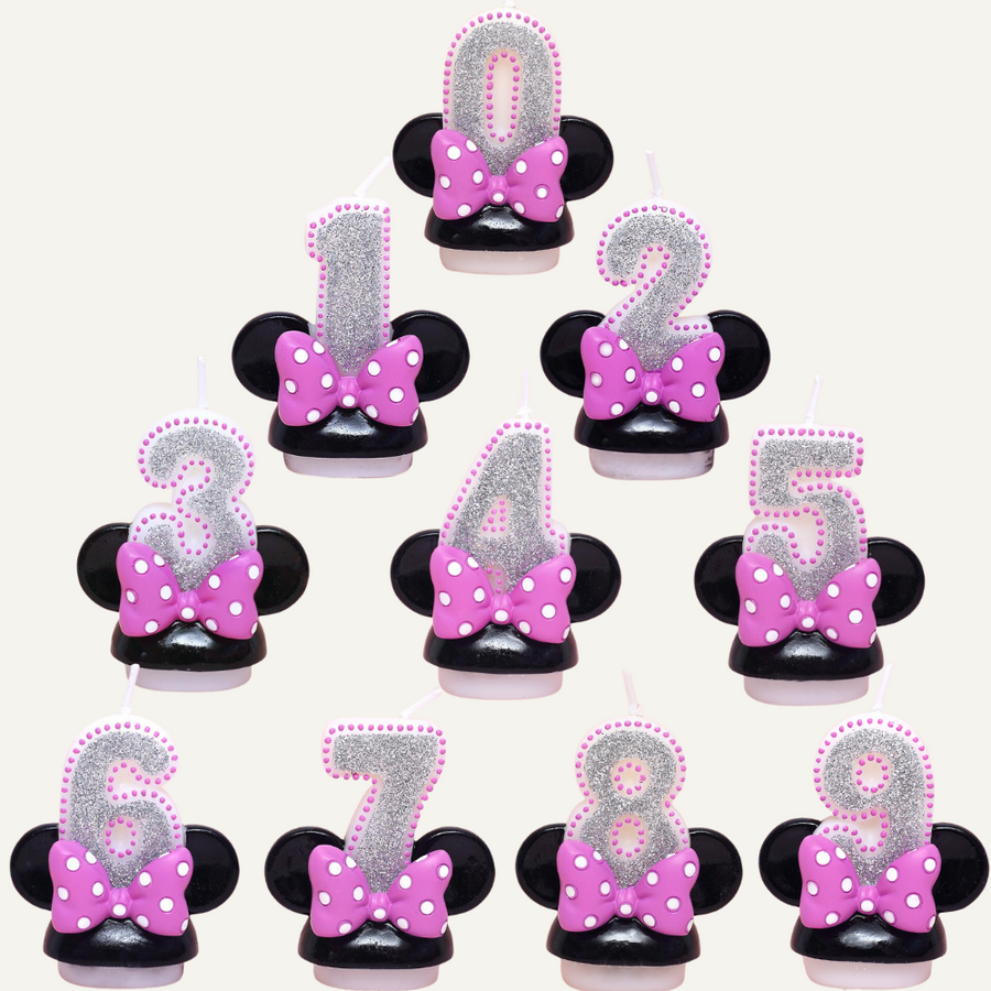 Presenting Disney Minnie Mouse inspired Silver Glitter Pink Dot Number Candle by Southlake Gifts Canada, perfect for birthday or any Disney themed!