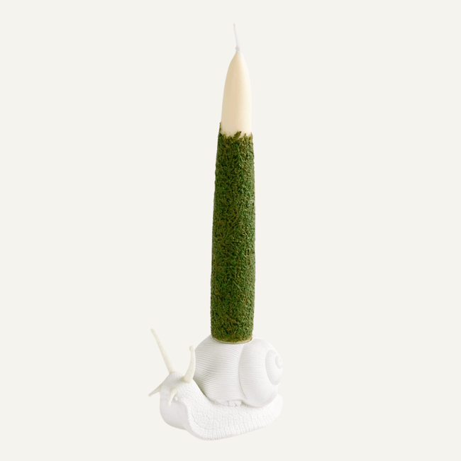 Showing casing Moss Taper Candle with Snail Candle Holder candle set from Southlake Gifts Canada, your ultimate candle gift shop in Canada