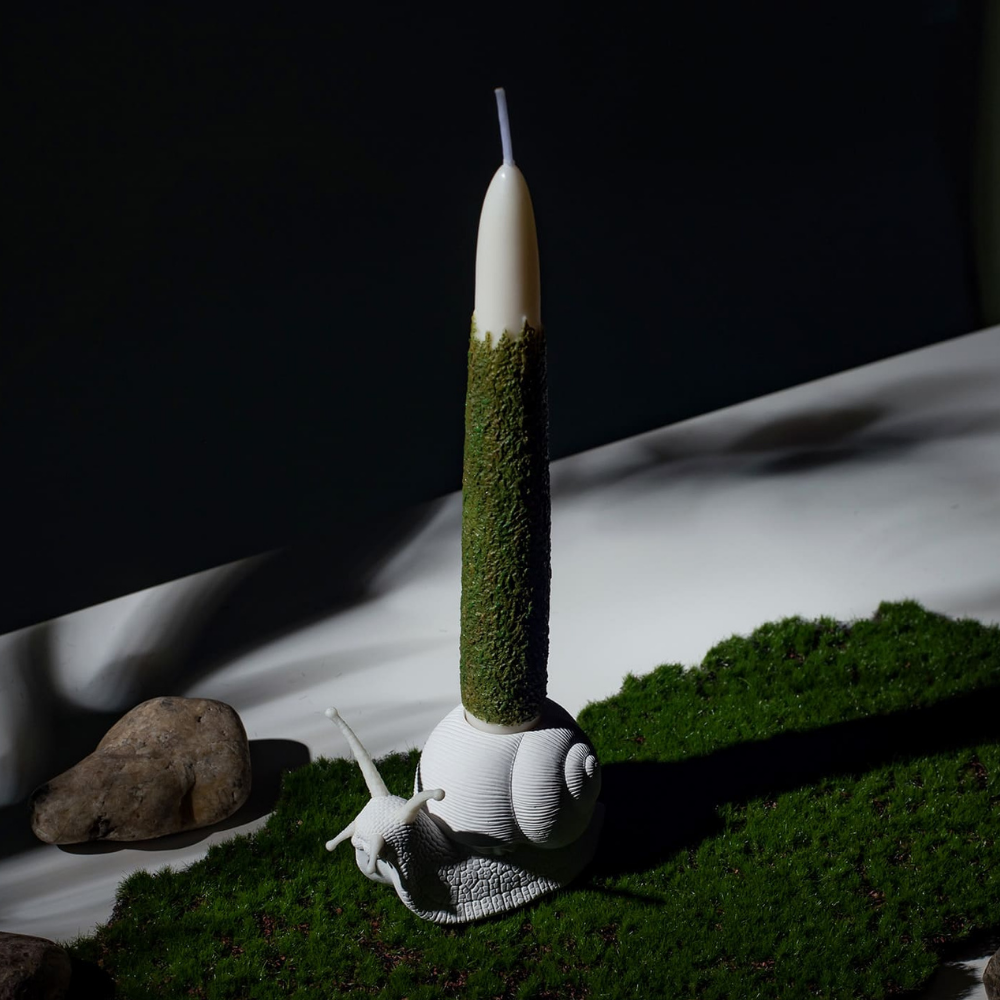 Moss Taper Candle and Snail Candle Holder Set from Southlake Gifts Canada, you handmade candle company in Canada
