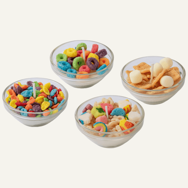 Southlake Gifts Cereal Scentsations cereal candle set, comes with lucky charms, froot loops, fruity pebbles and cinnamon toast crunch cereal candles. 