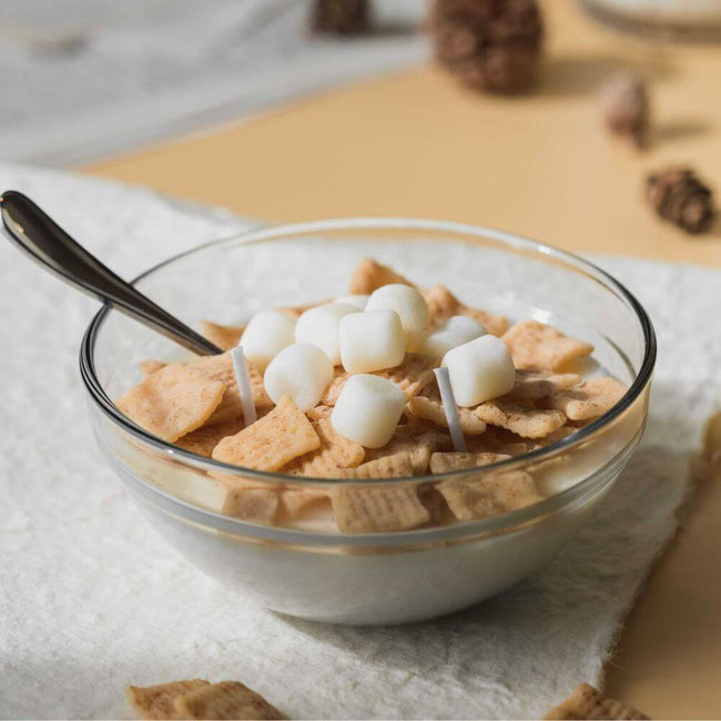 The unique bowl of Cinnamon Toast Crunch breakfast Cereal Candle Bowl plus marshmallows from Southlake Gifts Canada is just like the real cereal bowl.