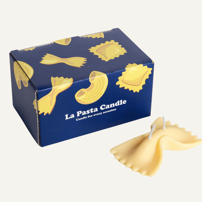 Realistic Farfalle Food Pasta Candle with gift ready packaging in the white background by Southlake Gifts Canada. 