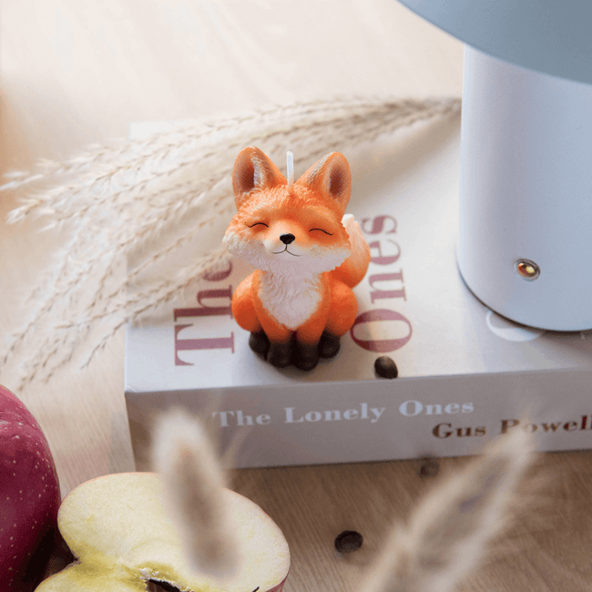 Handmade Fox Candle looking up – woodland-inspired novelty décor styled on shelf, whimsical gift for animal lovers