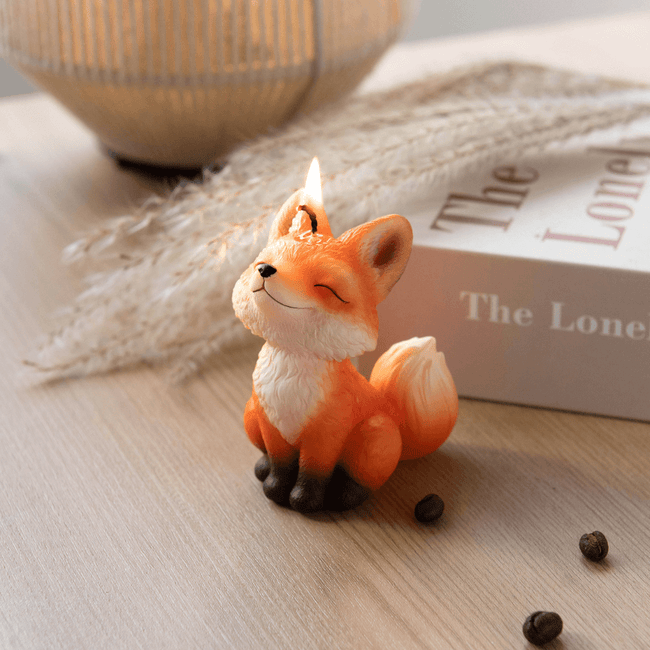 Soy wax Fox Candle – lifestyle photo as cosy home décor centerpiece and unique spiritual animal gift