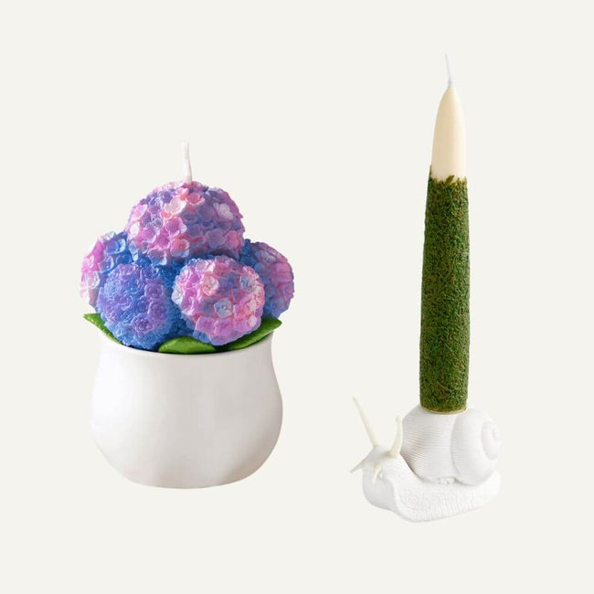 Hydrangea candle and moss taper candle  from Southlake Gifts Canada, your ultimate candle gift shop in canada