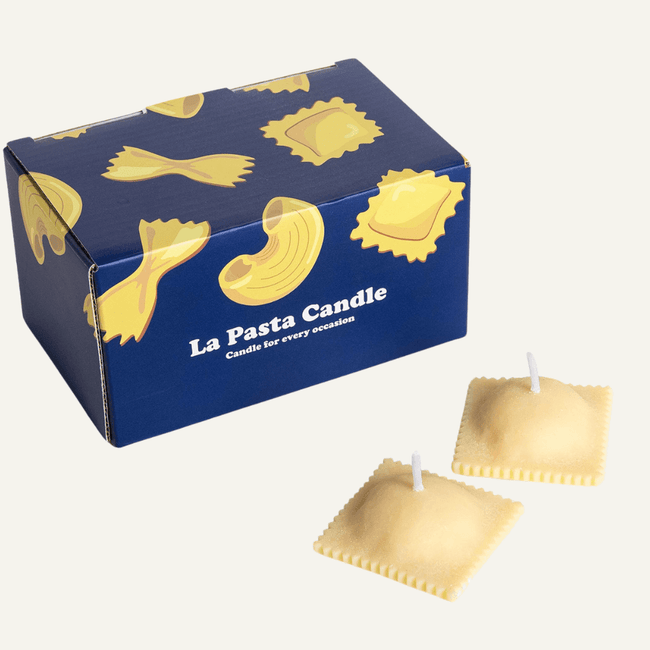 Realistic Ravioli Food Pasta Candle pack with gift ready packaging in the white background by Southlake Gifts Canada. 