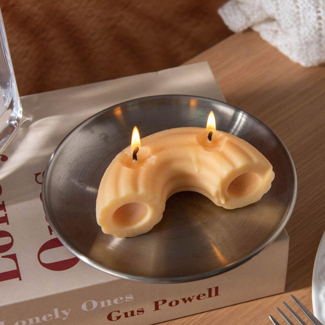 Rigatoni Pasta Candle – soy wax novelty décor styled in foodie kitchen scene, pasta lover gift