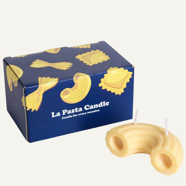 Rigatoni Pasta Candle with packaging – white background product display by Southlake Gifts Canada