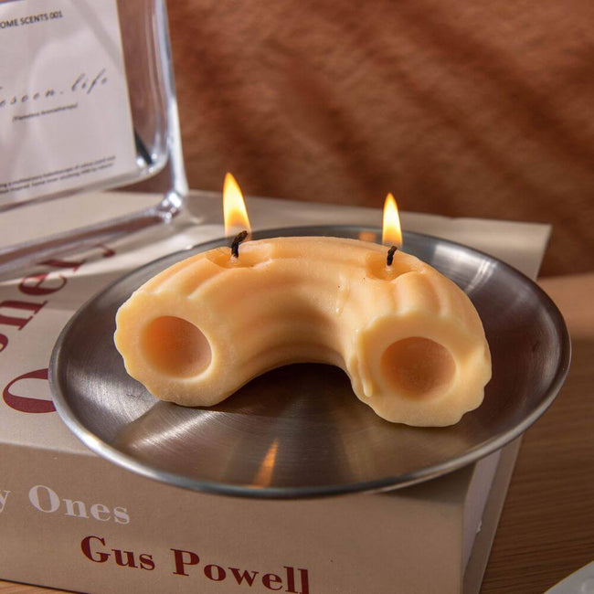 Rigatoni Pasta Candle – novelty food décor styled on kitchen table, unique pasta gift idea