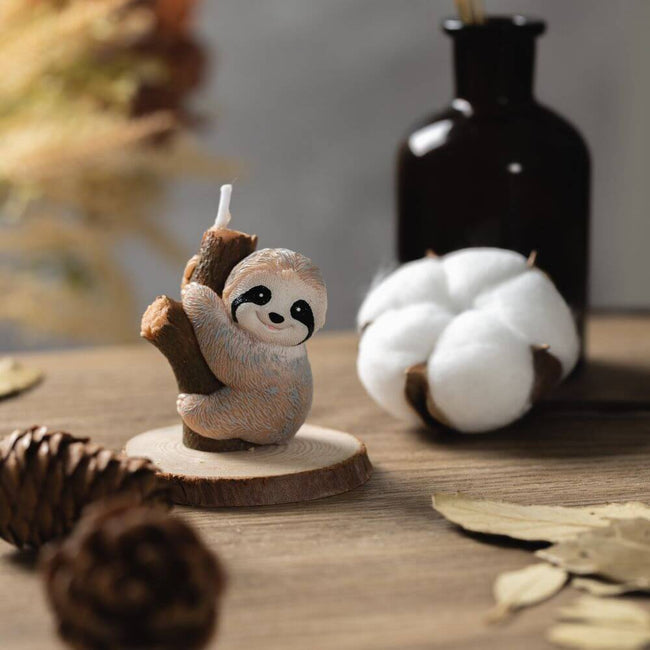 An adorable image of a sloth candle that burns just like the sloth moves from Southlake Gifts Canada.