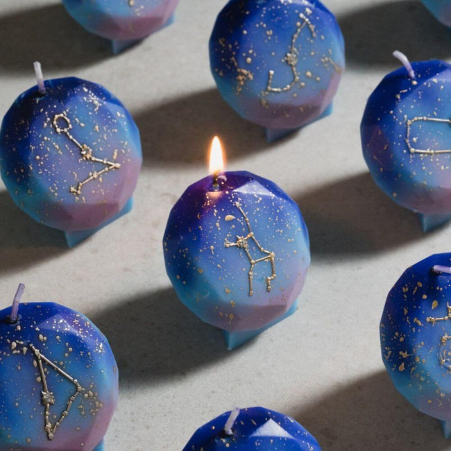 Handmade Candle Collection - Zodiac Sign Candles for Astrology Lovers from Southlake Gifts Canada. Each candle features a prismatic shape base with a delicate zodiac symbol design, making it the perfect decorative piece for any astrology enthusiast.