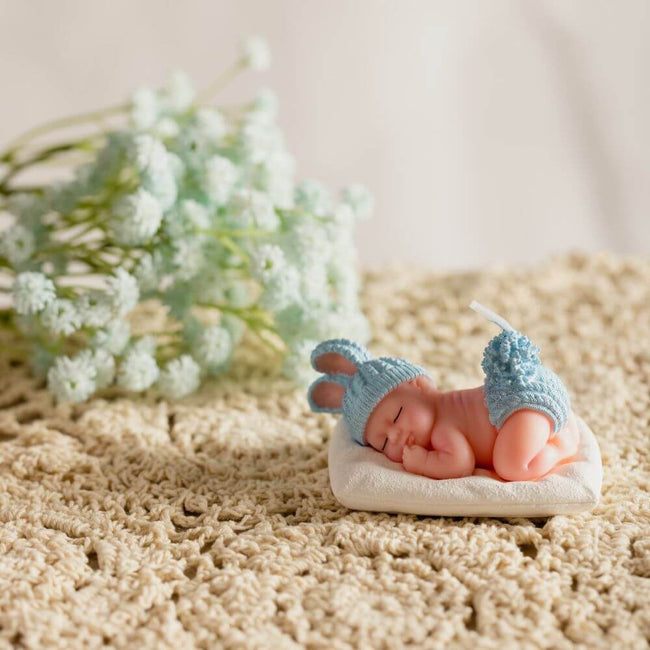 Sleeping Baby Candle in Blue, perfect for gender reveals - Southlake Gifts Canada