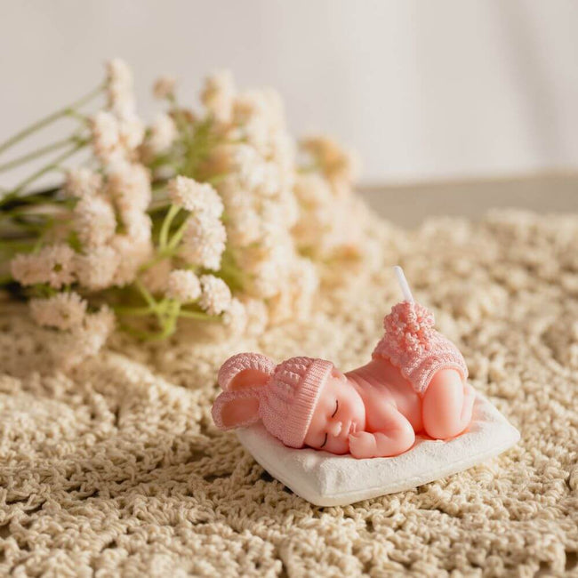 Adorable Pink Sleeping Baby Candle for baby showers - Southlake Gifts Canada