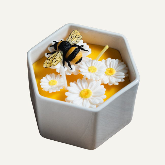Spring Blossom Candle Bowl from Southlake Gifts Canada include daisies and bees, all of the pieces are handmade.