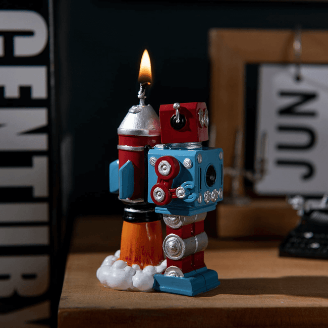 Enhance the ambiance with the Vintage Robot Rocket Candle, a unique gift candle or cake decorative candle with unscented accents, available at Southlake Gifts Canada